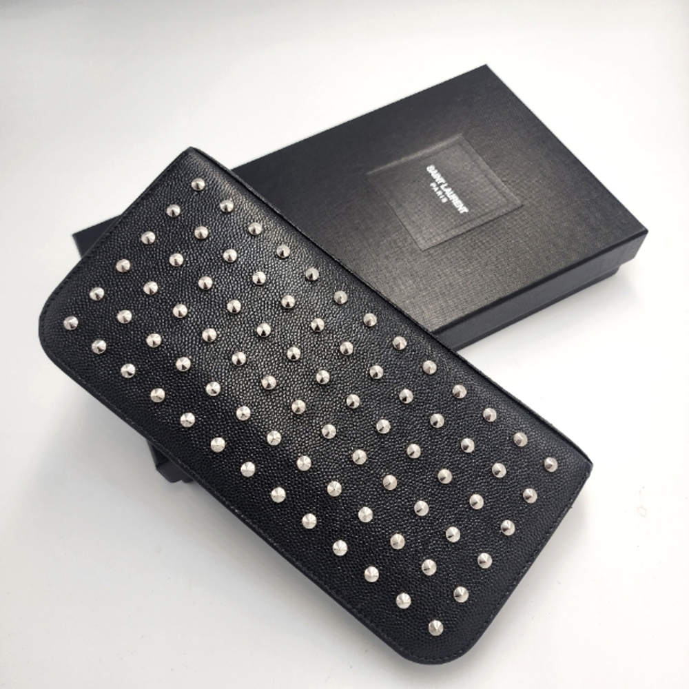 SAINT LAURENT Black Studded Zip-around Wallet With Original Bag & Box - Picture 1 of 11